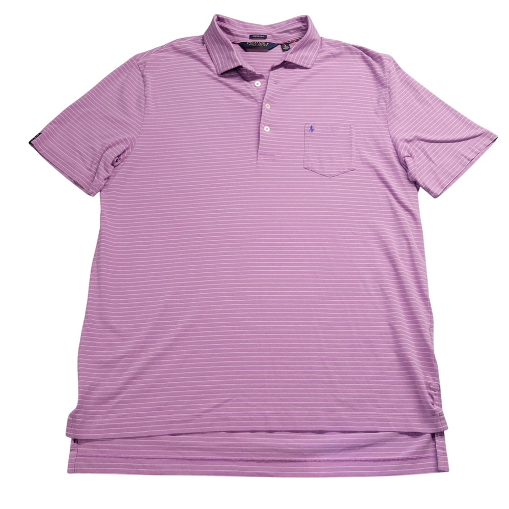 Polo Golf Ralph Lauren Mens Large Purple Striped Stretch Lisle Polo Shirt Pocket